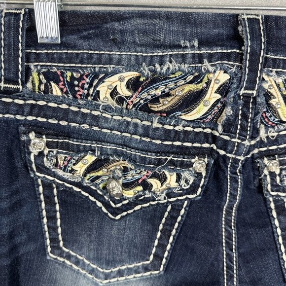 Miss Me Jeans Sz 27 Rhinestone Sequin Signature Crop Leg Blue Embroidered Bling - Picture 10 of 12